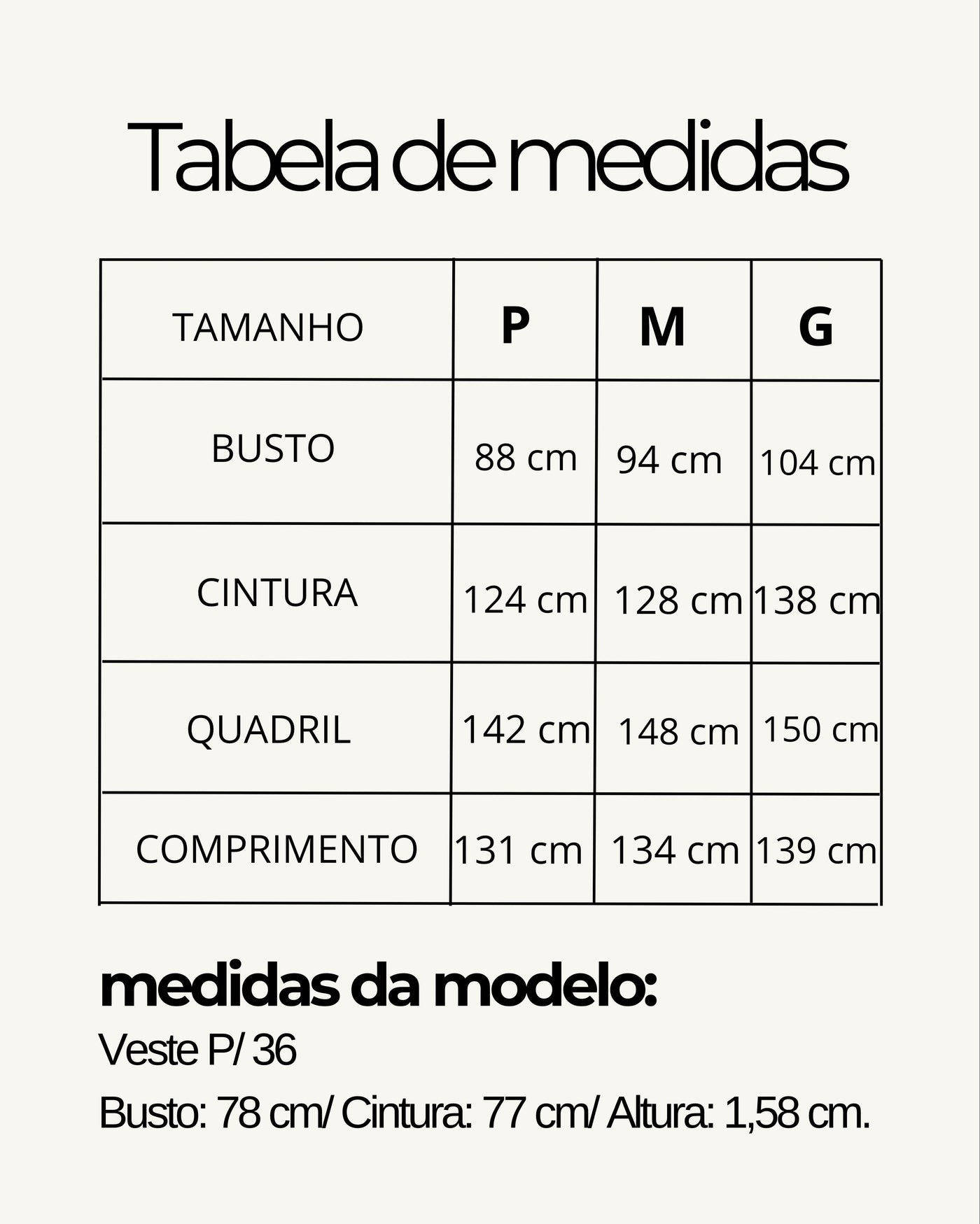 Tabela de medidas do produto