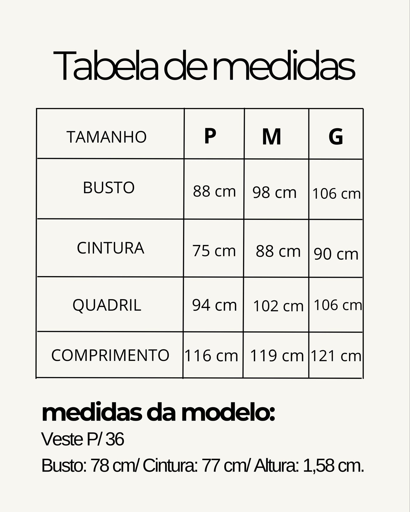 Tabela de medidas do produto