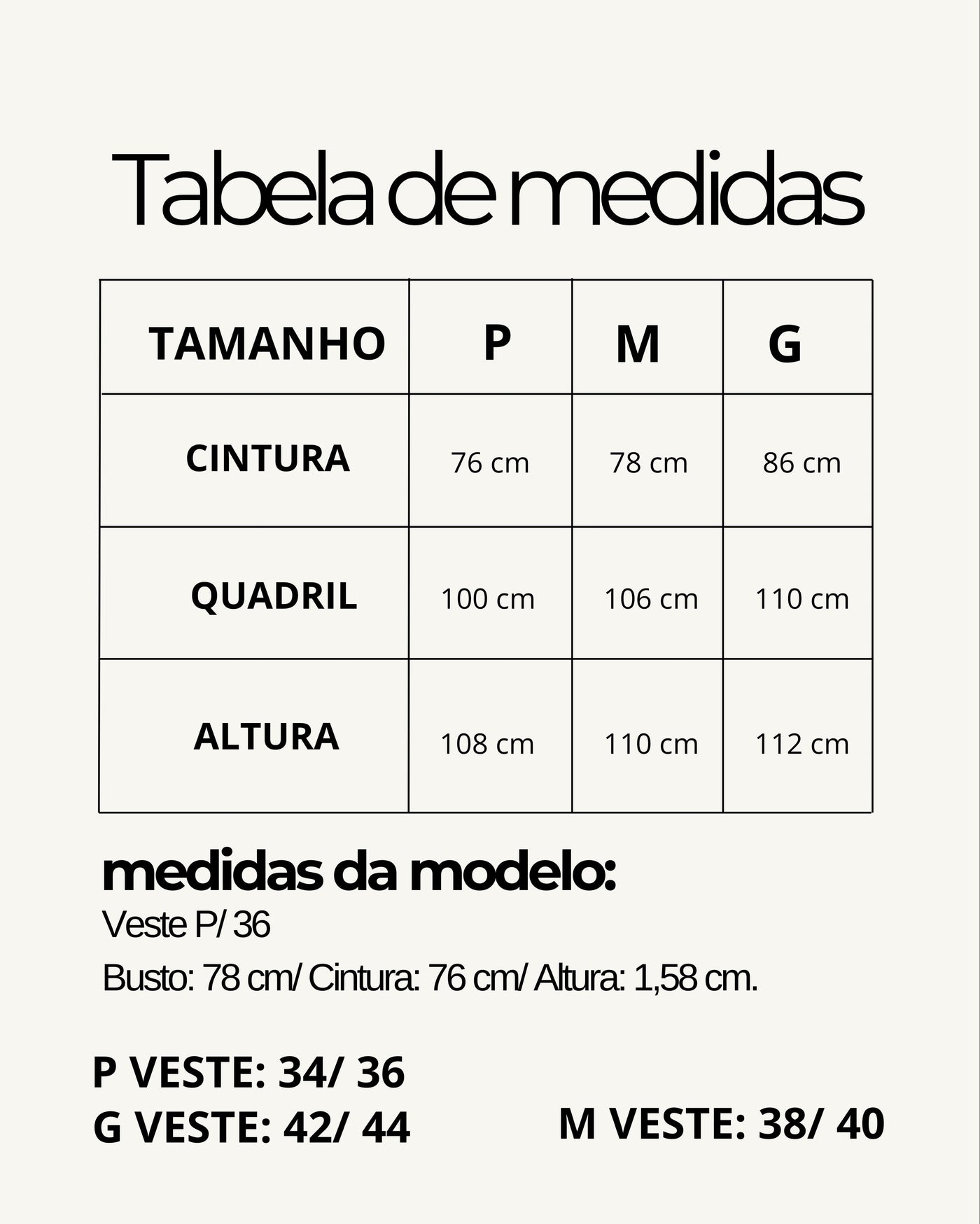 Tabela de medidas do produto
