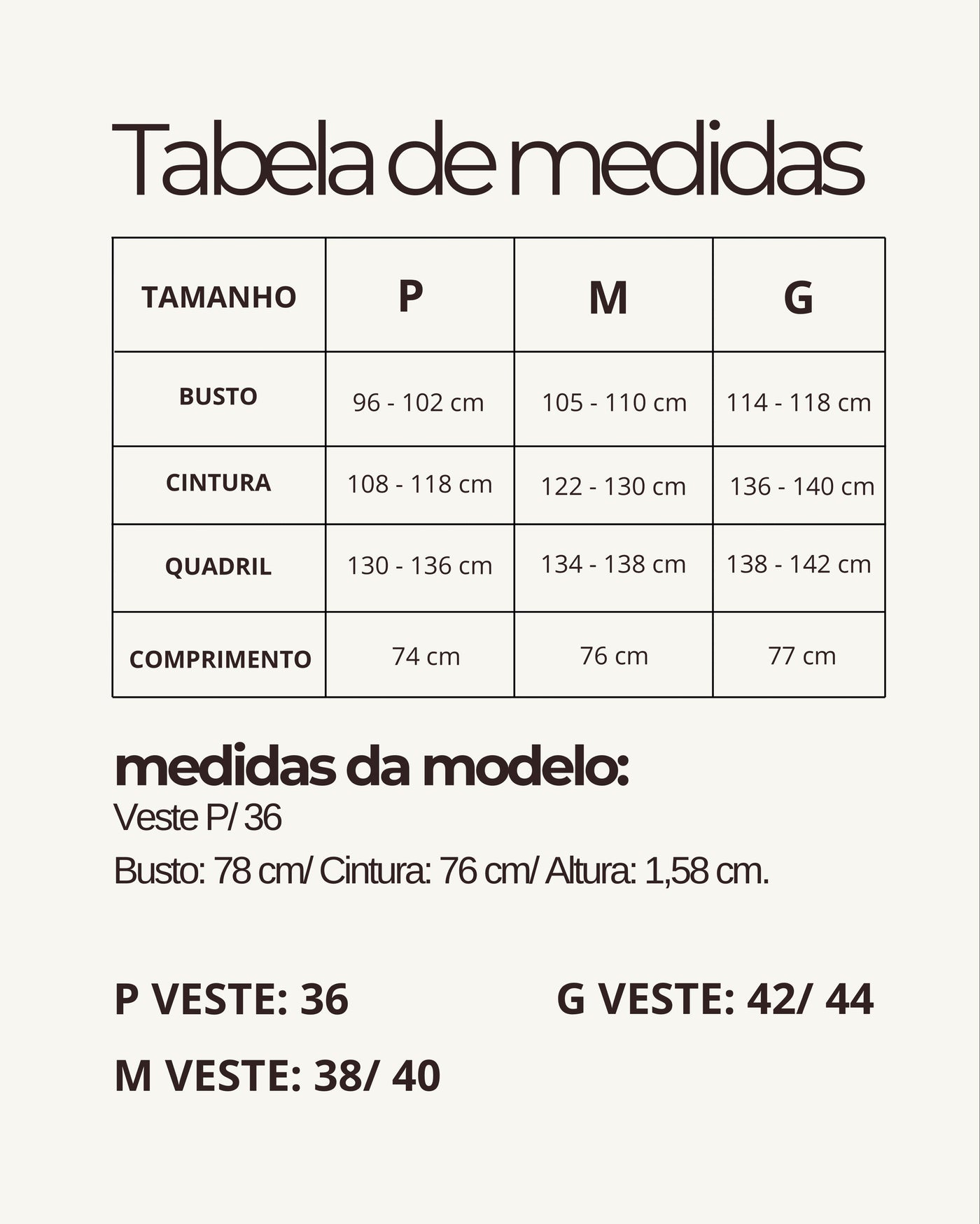 Tabela de medidas do produto
