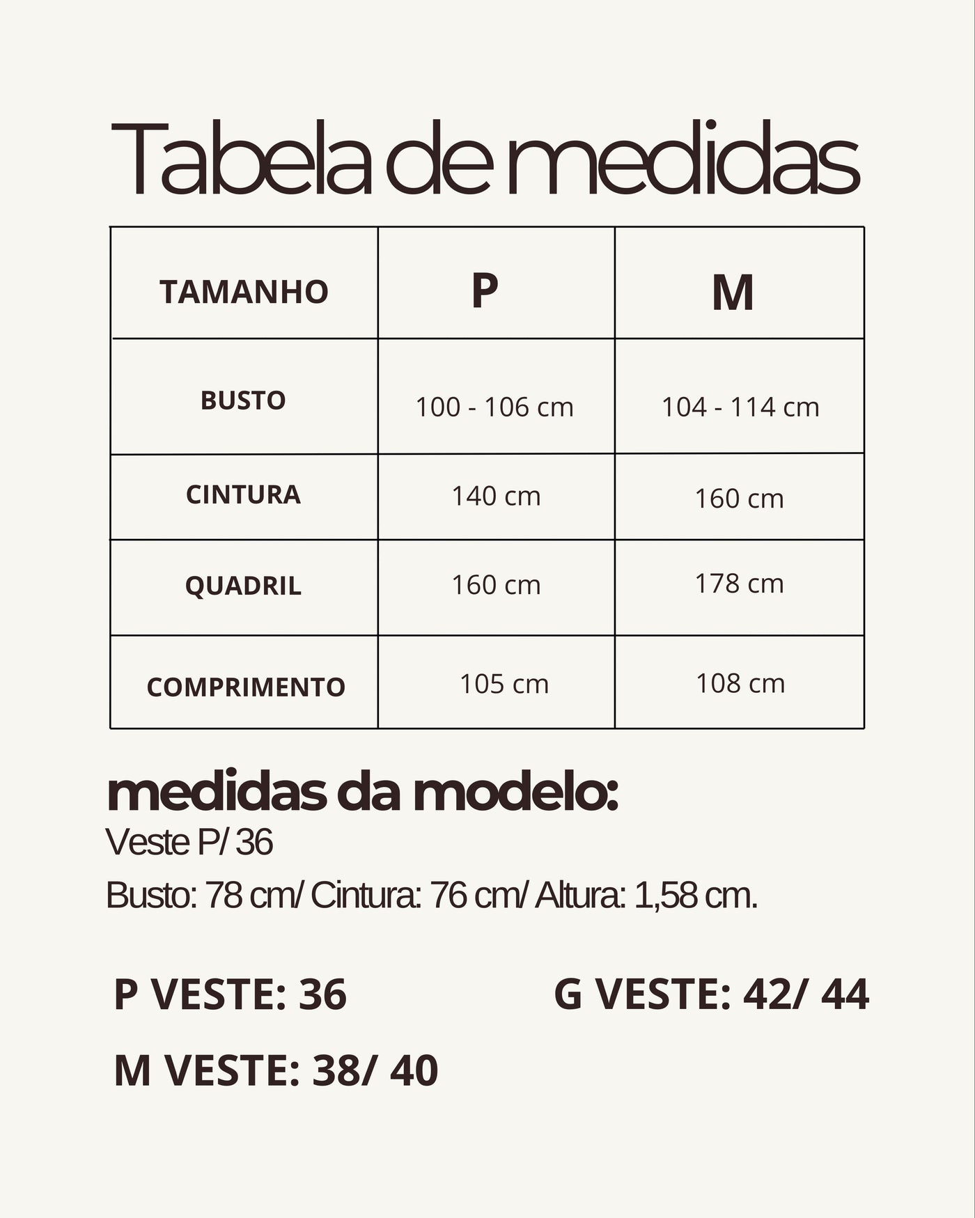 Tabela de medidas do produto