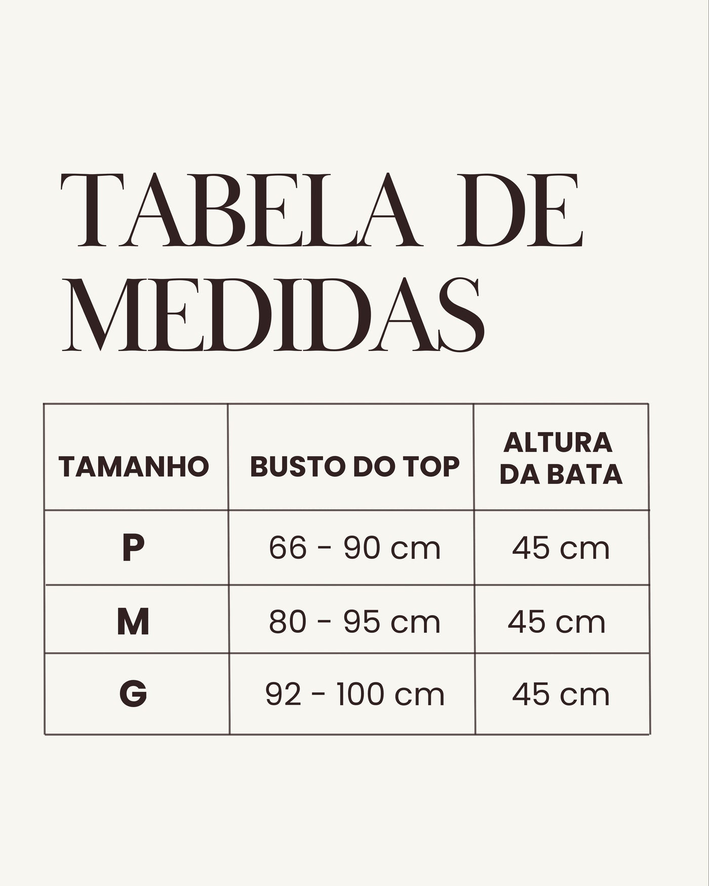Tabela de medidas do produto