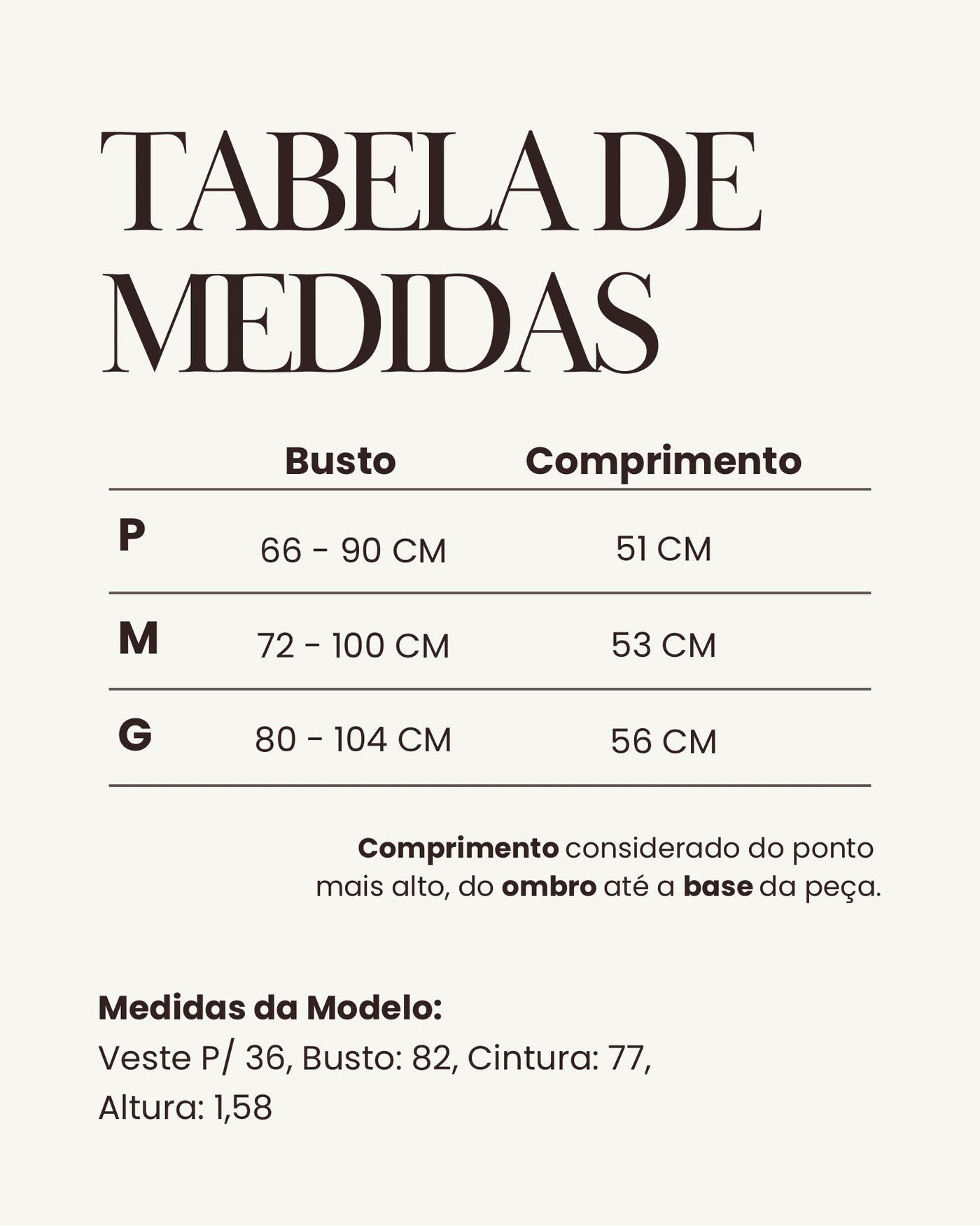 Tabela de medidas do produto