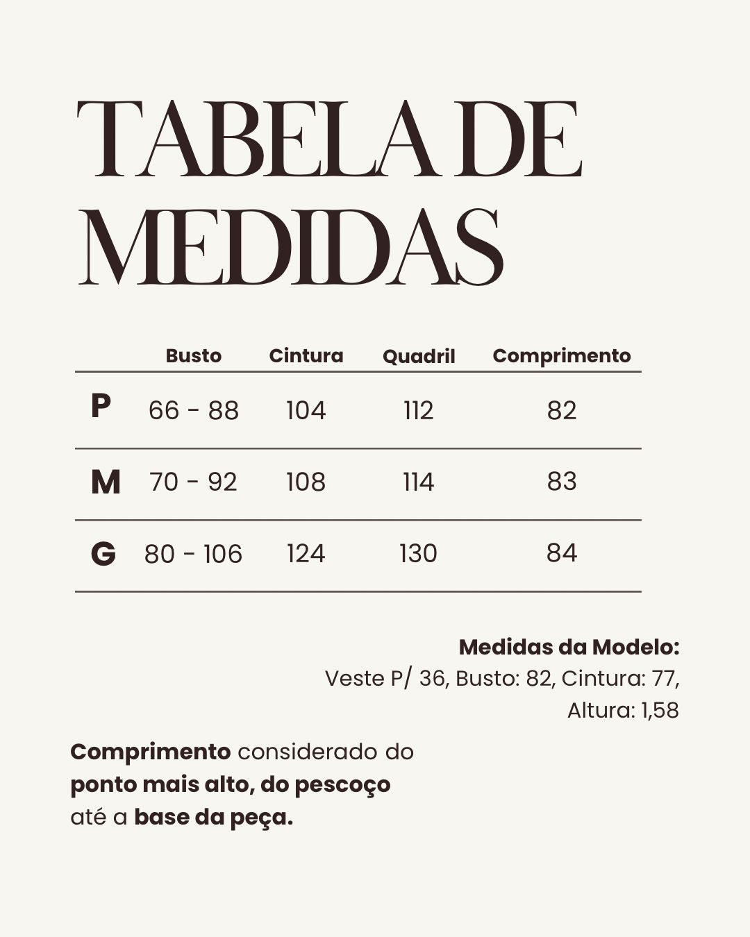 Tabela de medidas do produto