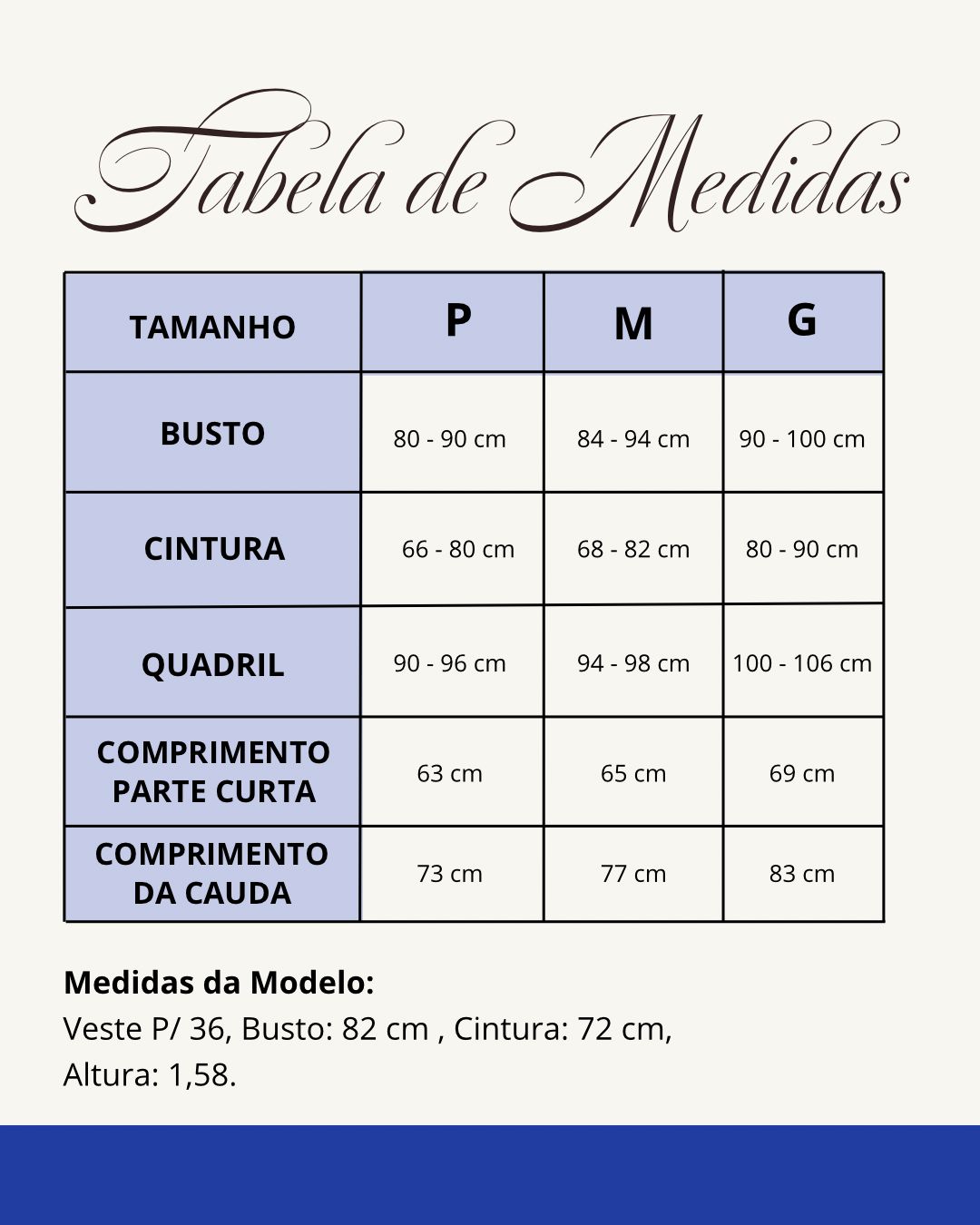 Tabela de medidas do produto