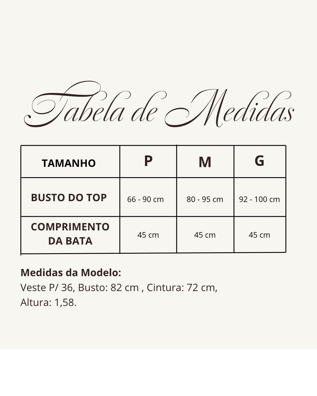 Tabela de medidas do produto