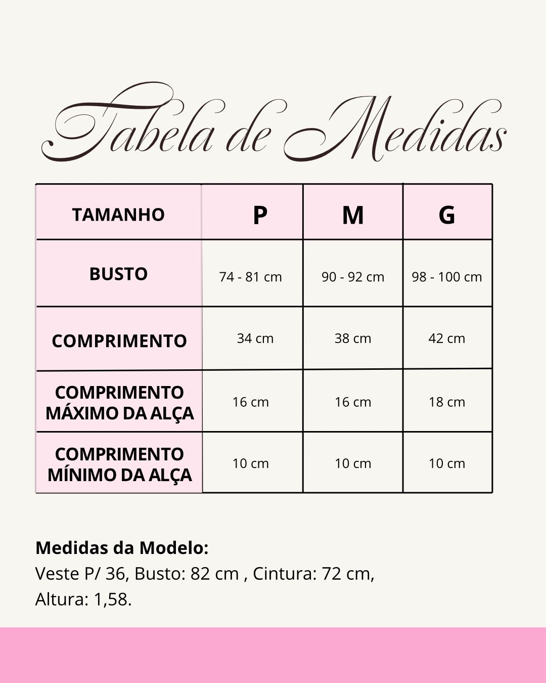Tabela de medidas do produto