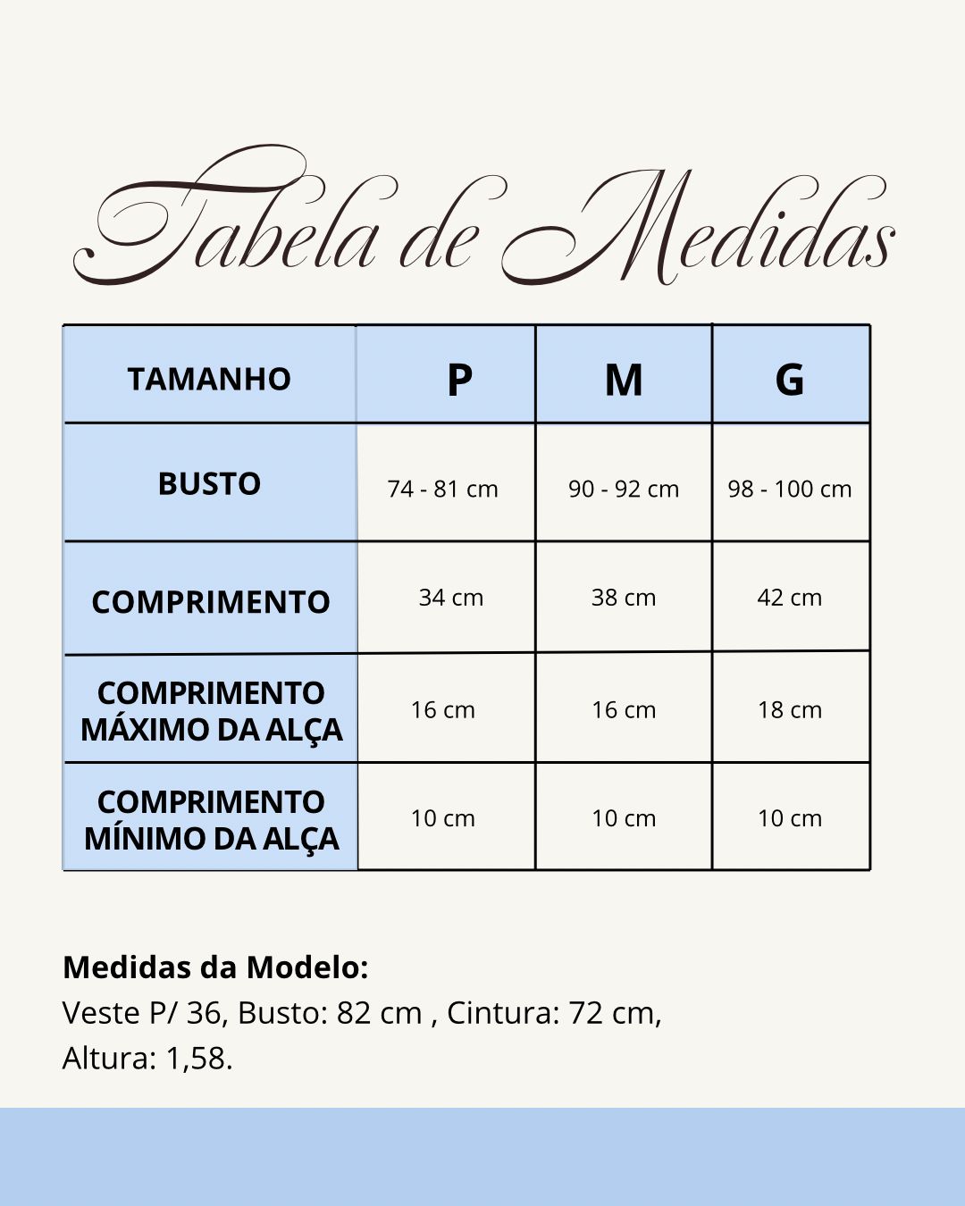 Tabela de medidas do produto