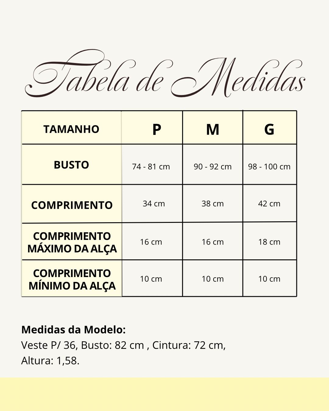 Tabela de medidas do produto