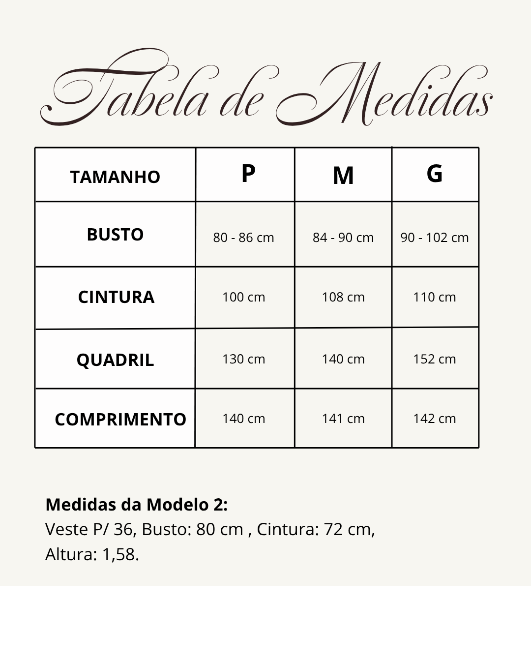 Tabela de medidas do produto