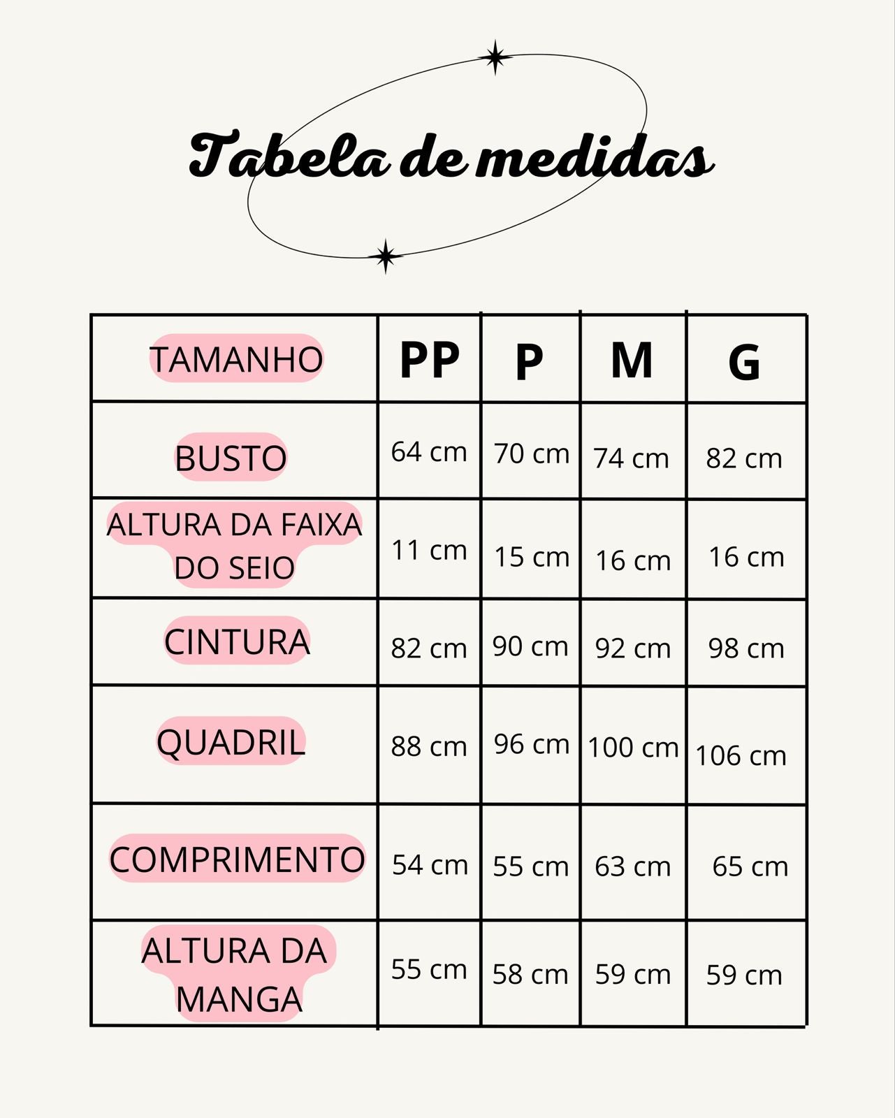 Tabela de medidas do produto