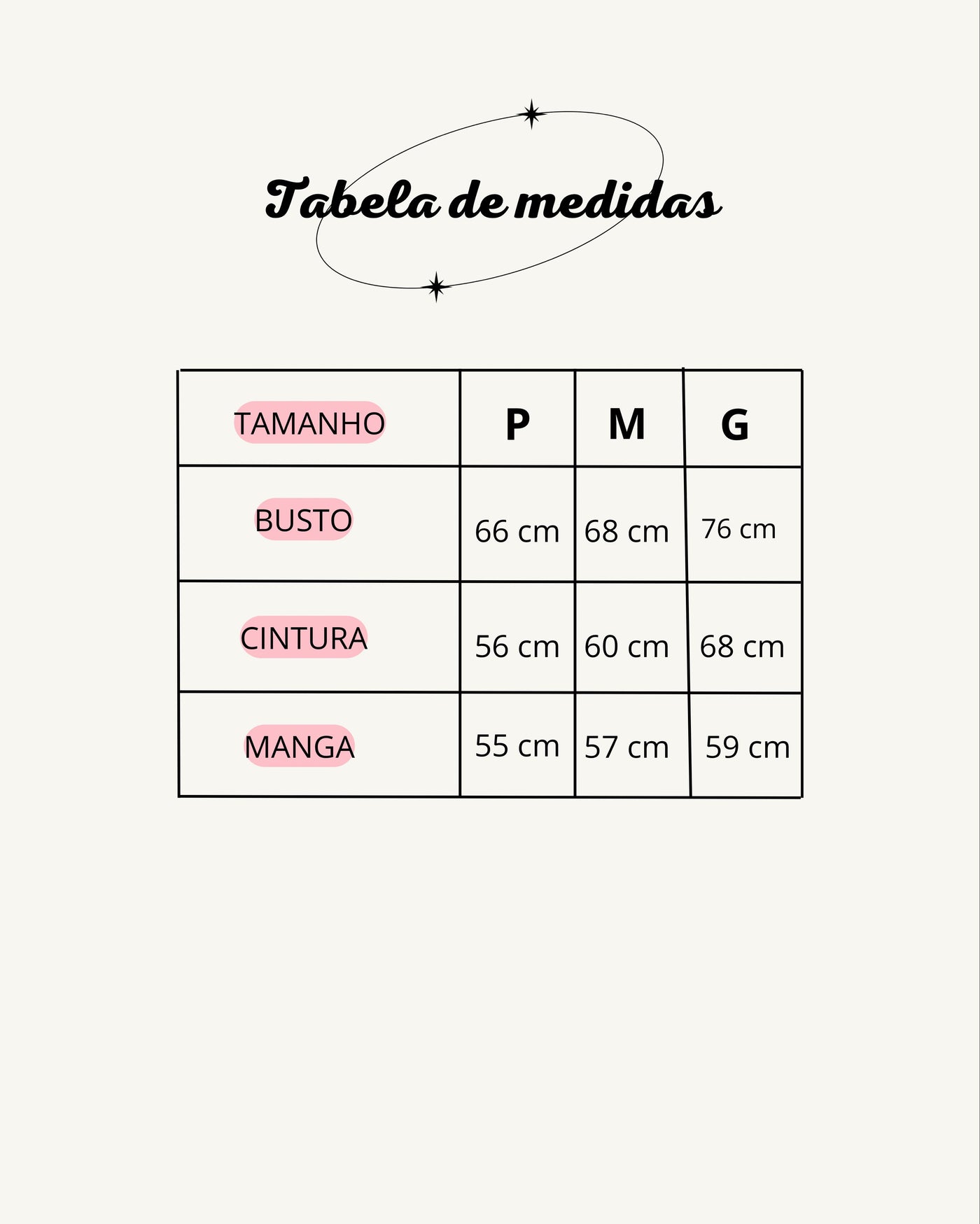 Tabela de medidas do produto