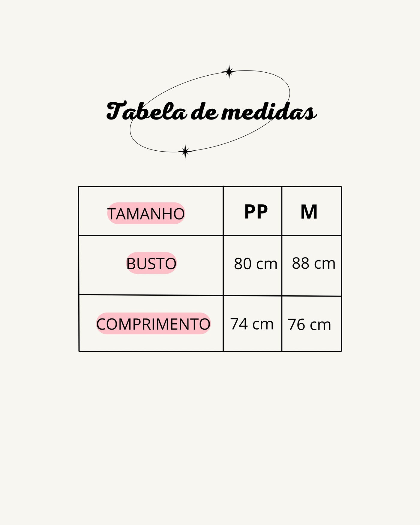 Tabela de medidas do produto