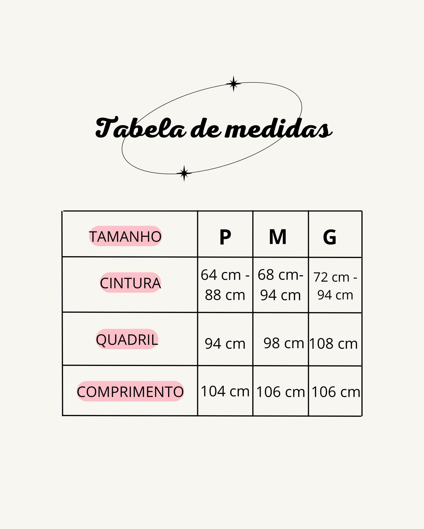 Tabela de medidas do produto