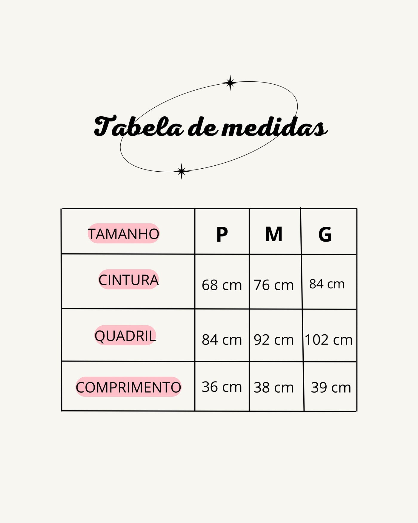 Tabela de medidas do produto