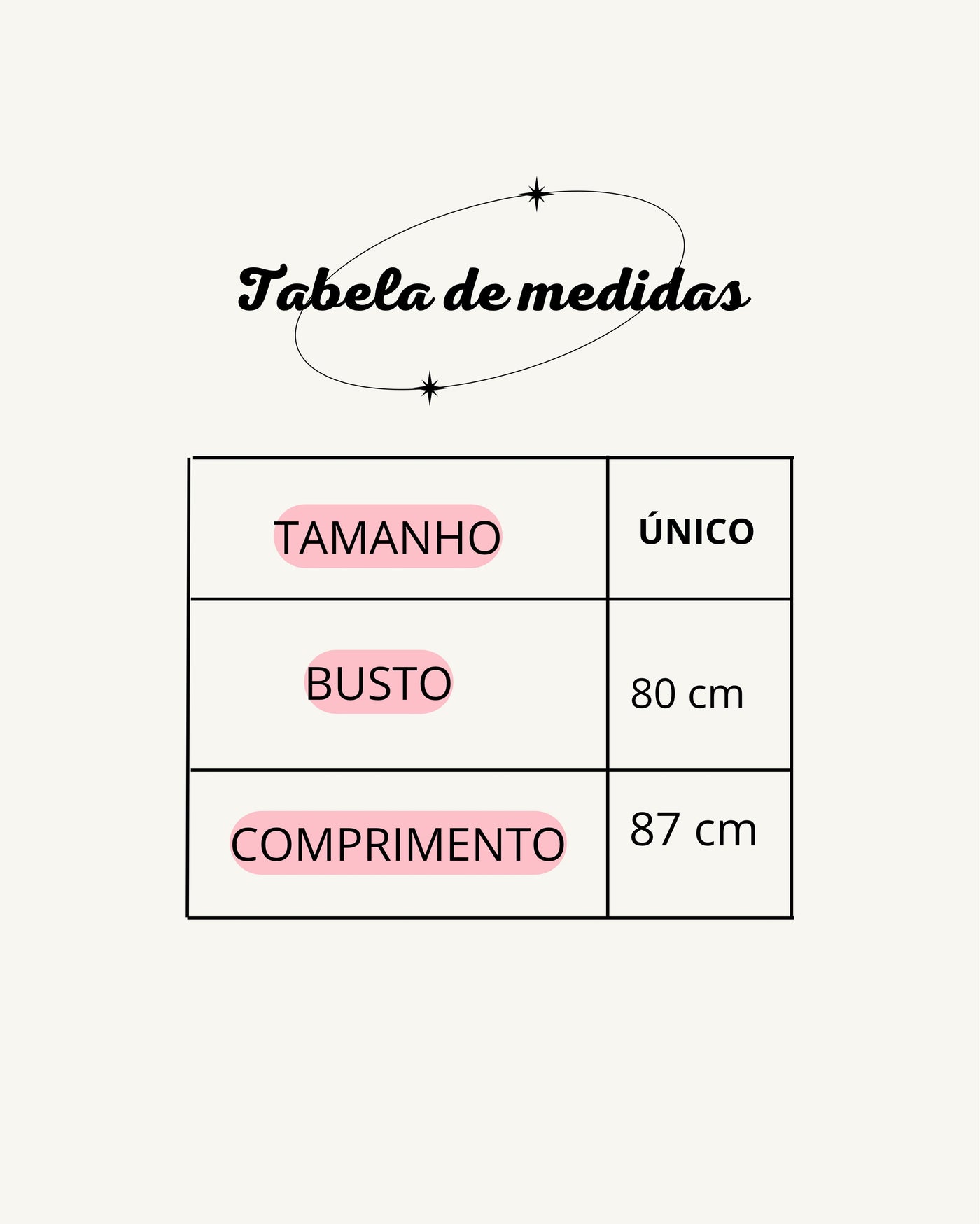 Tabela de medidas do produto