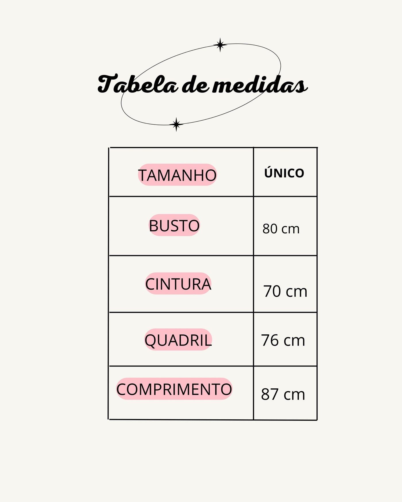 Tabela de medidas do produto