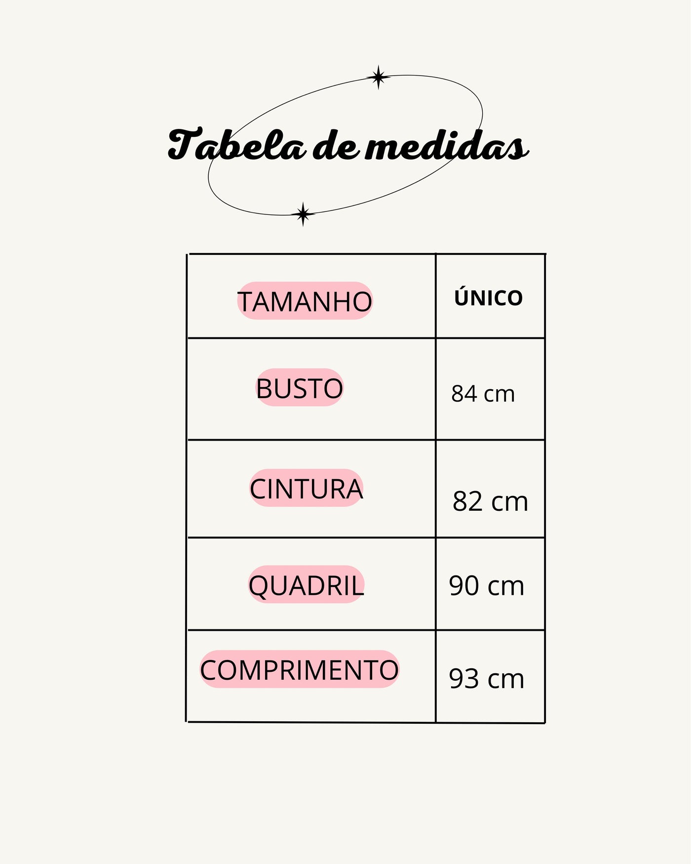 Tabela de medidas do produto
