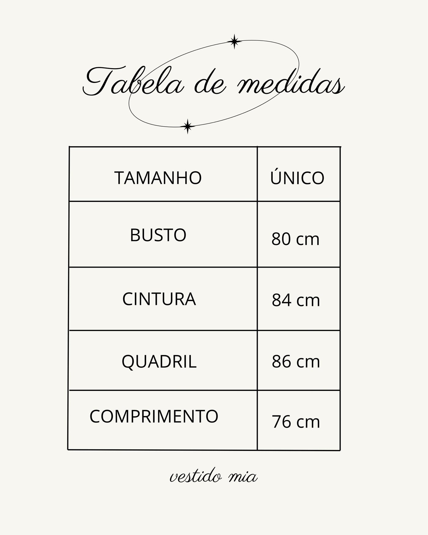 Tabela de medidas do produto