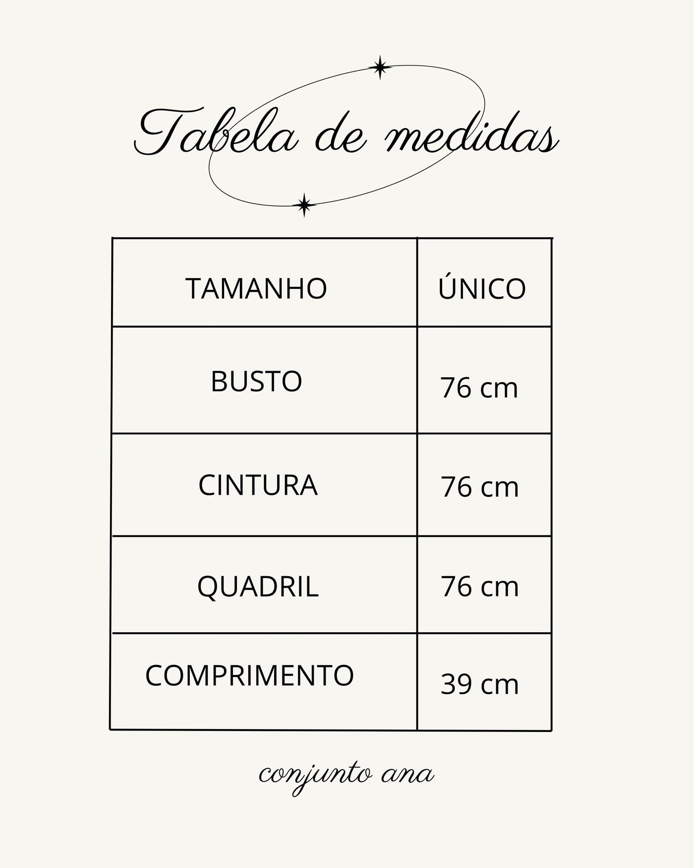 Tabela de medidas do produto