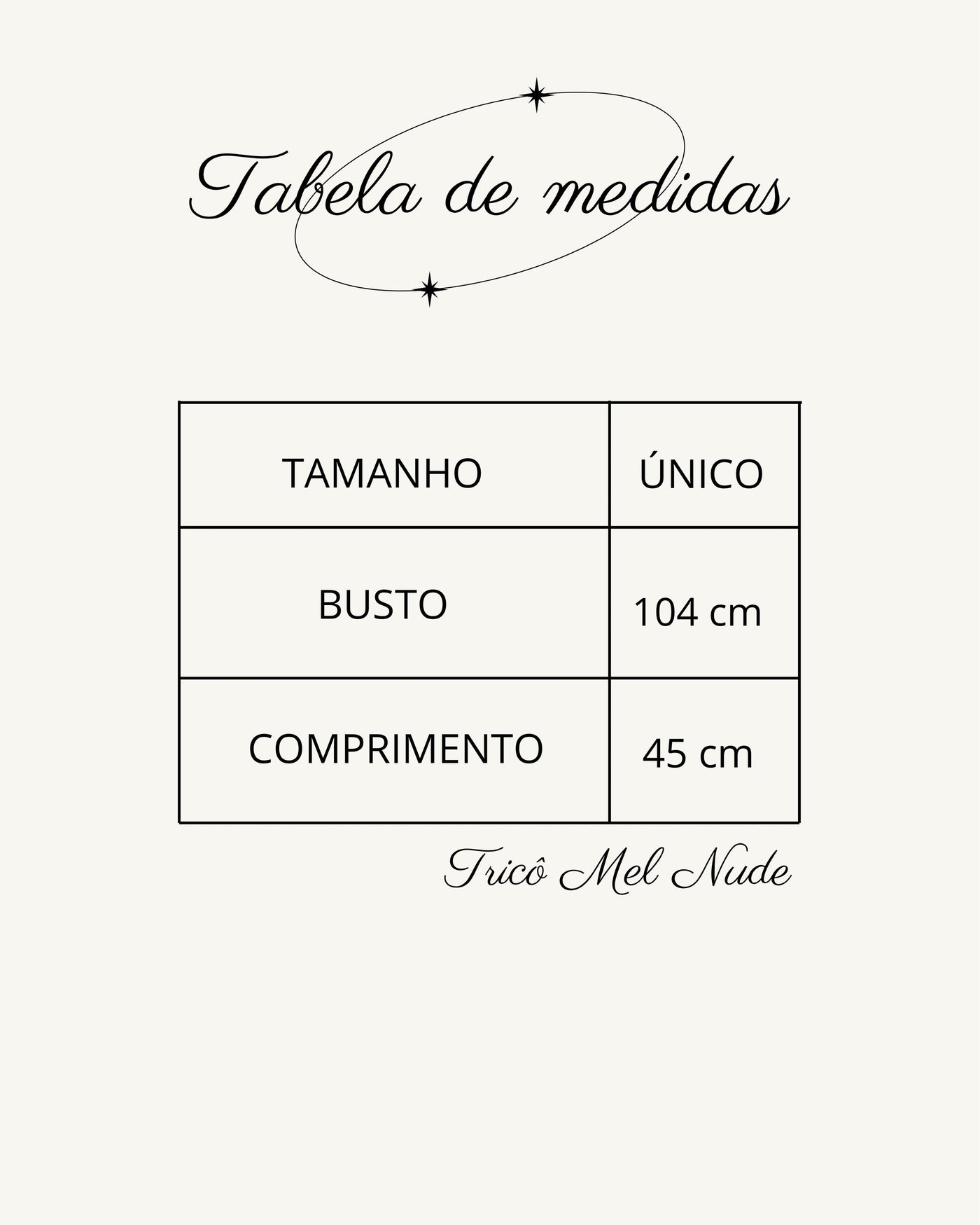 Tabela de medidas do produto