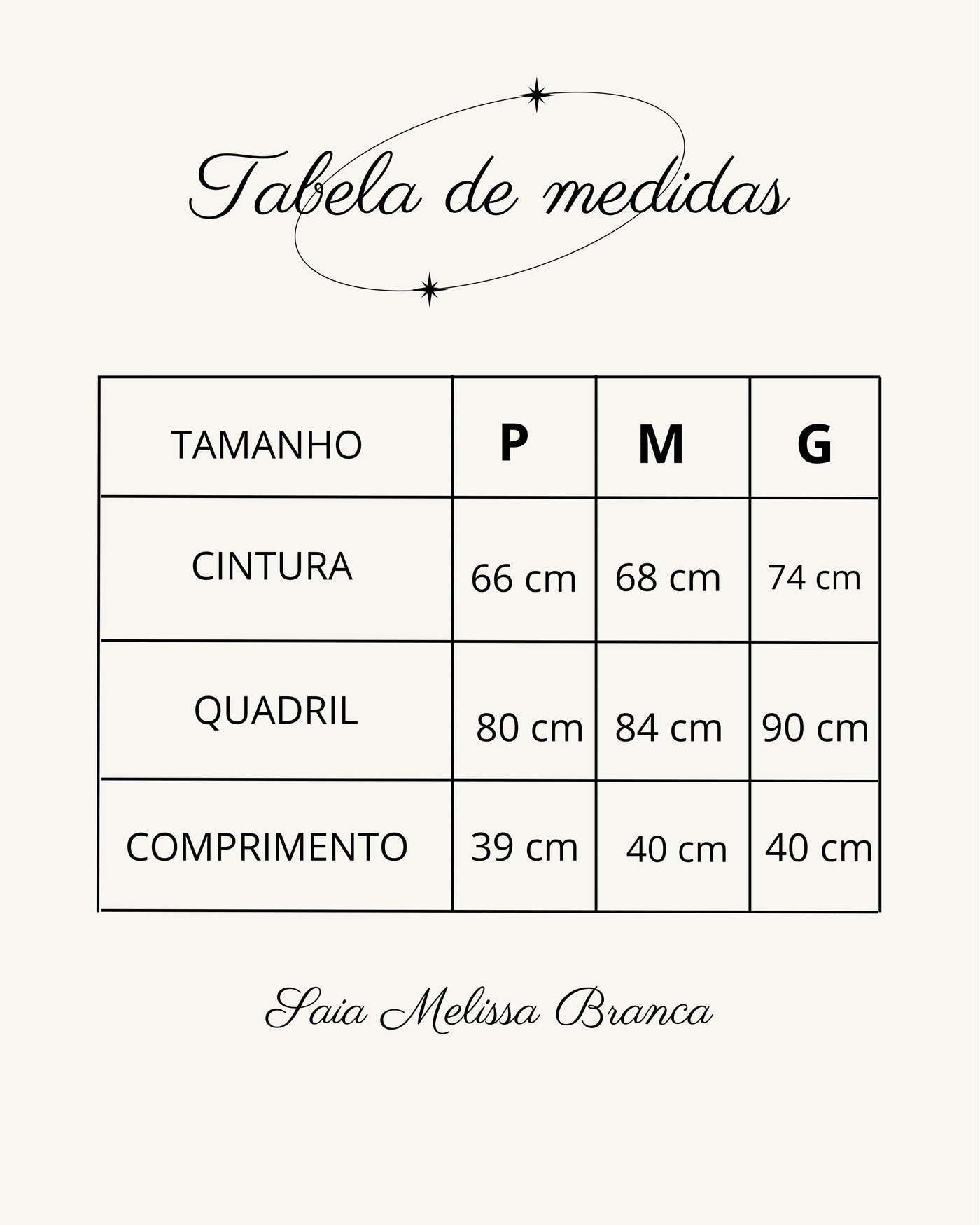 Tabela de medidas do produto