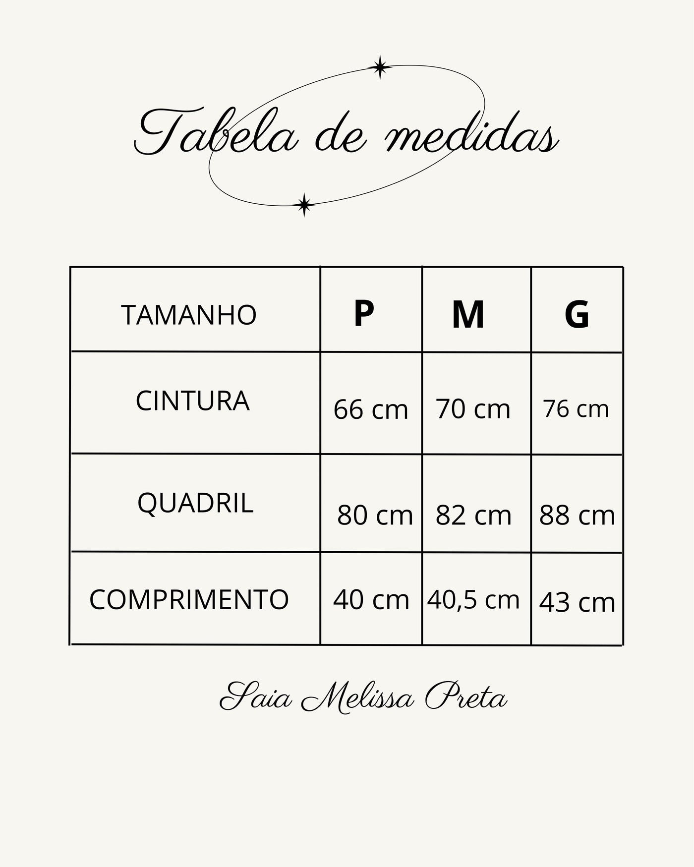 Tabela de medidas do produto