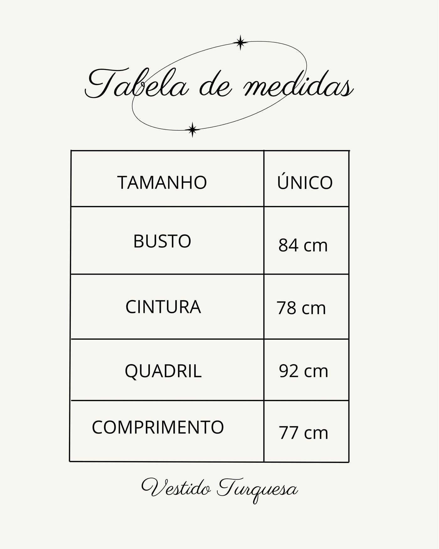 Tabela de medidas do produto