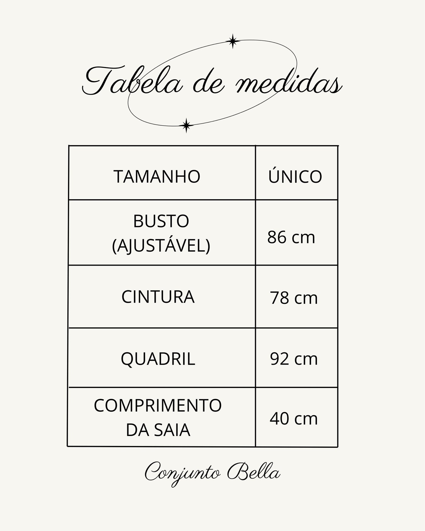 Tabela de medidas do produto
