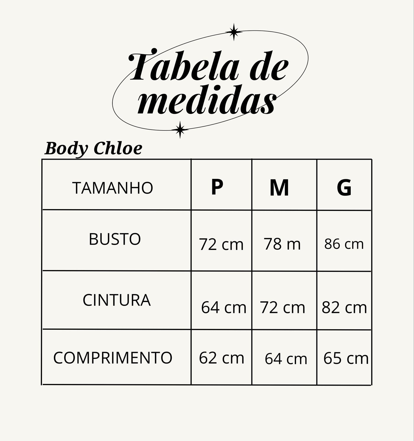 Tabela de medidas do produto
