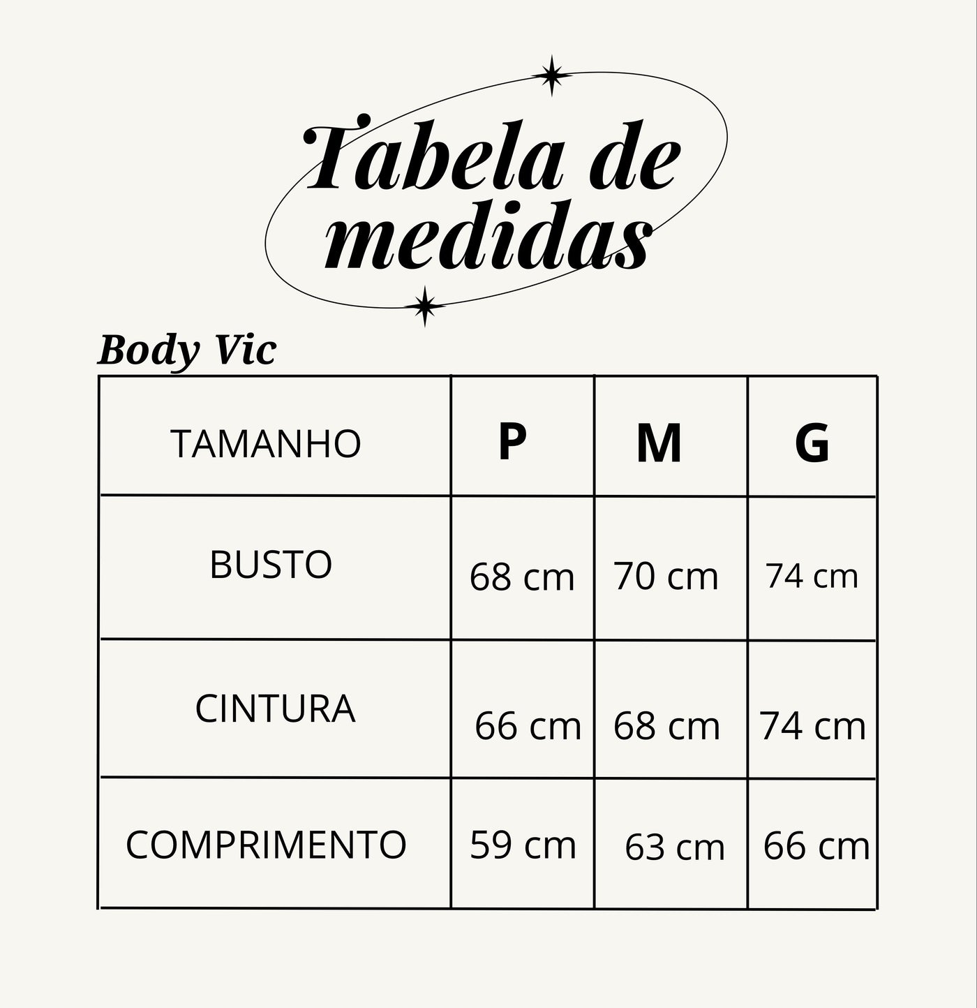 Tabela de medidas do produto
