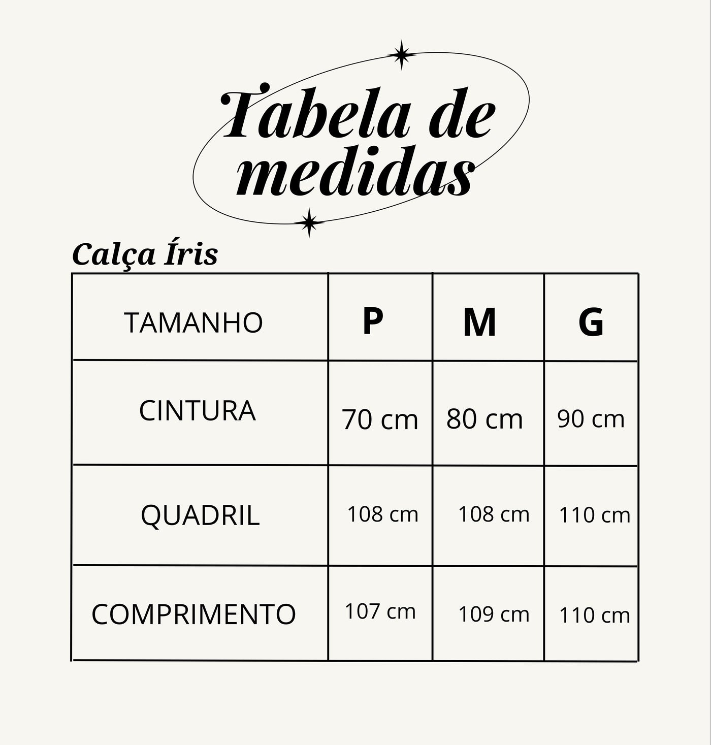 Tabela de medidas do produto