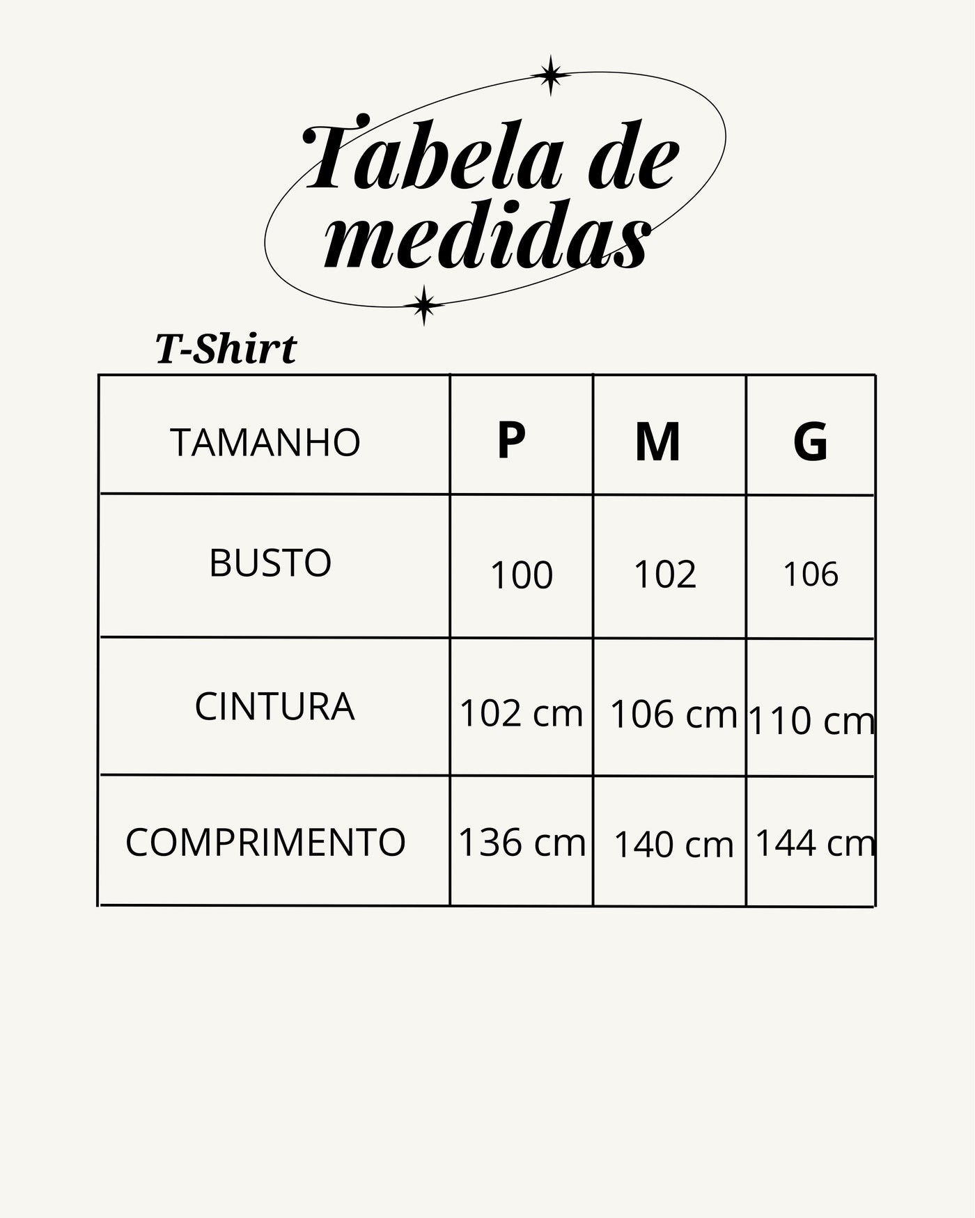 Tabela de medidas do produto