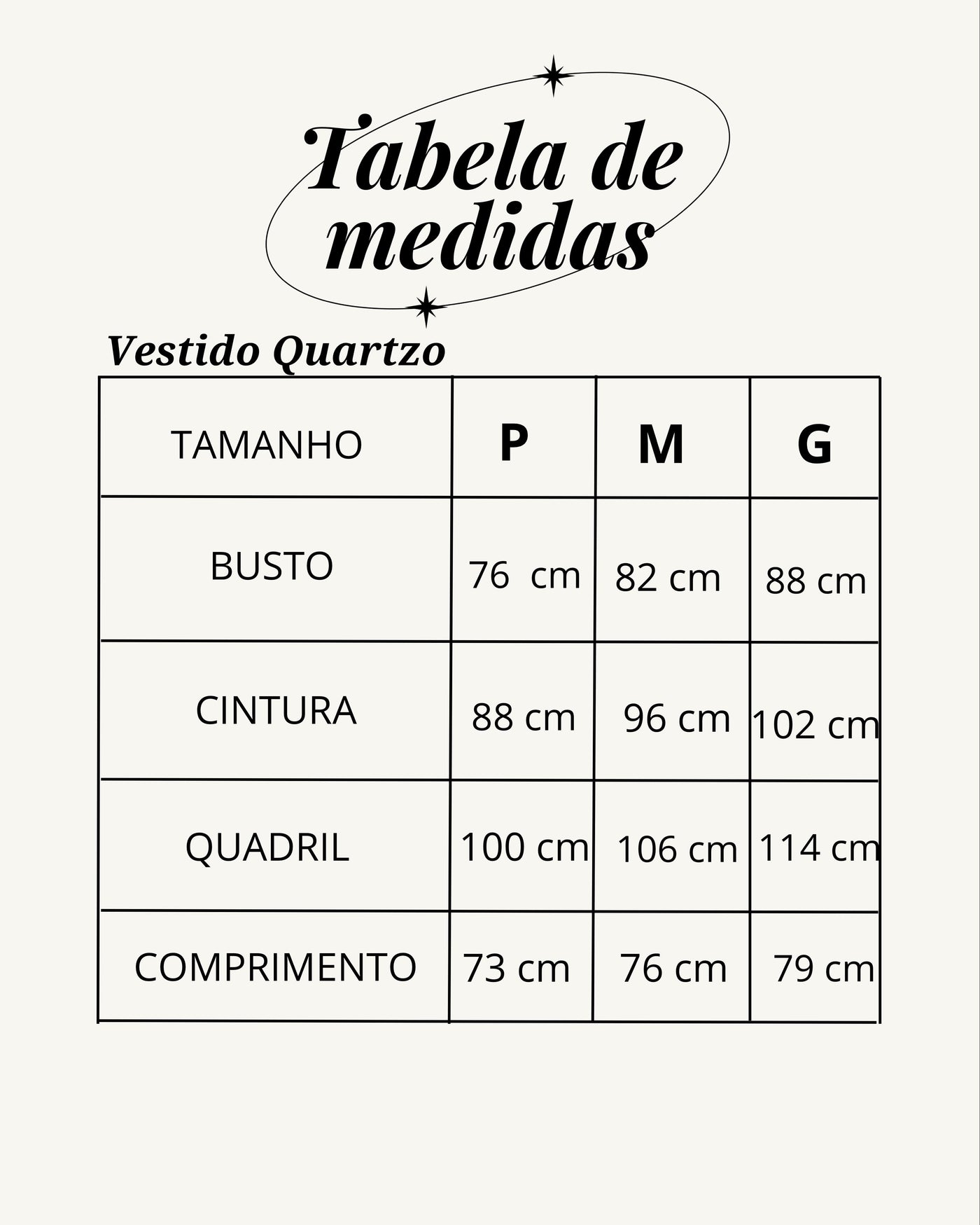 Tabela de medidas do produto