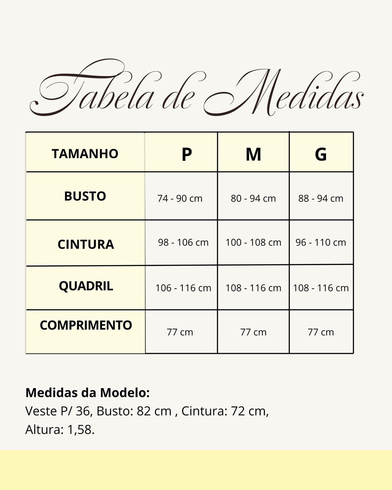 Tabela de medidas do produto