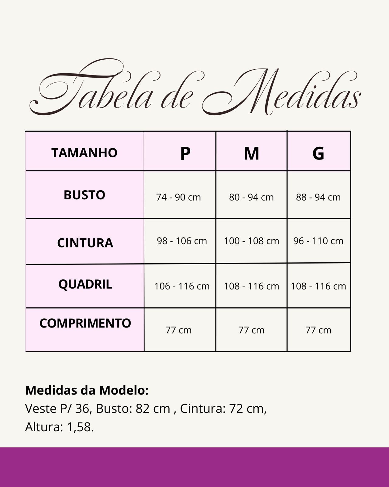 Tabela de medidas do produto