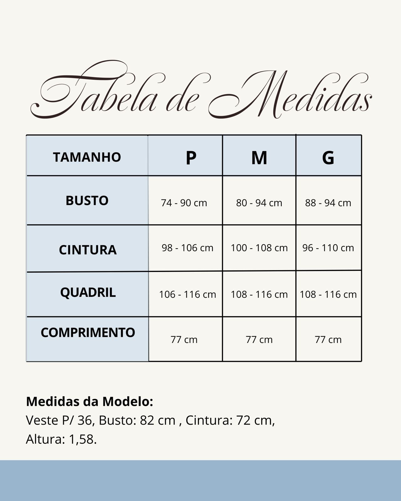 Tabela de medidas do produto