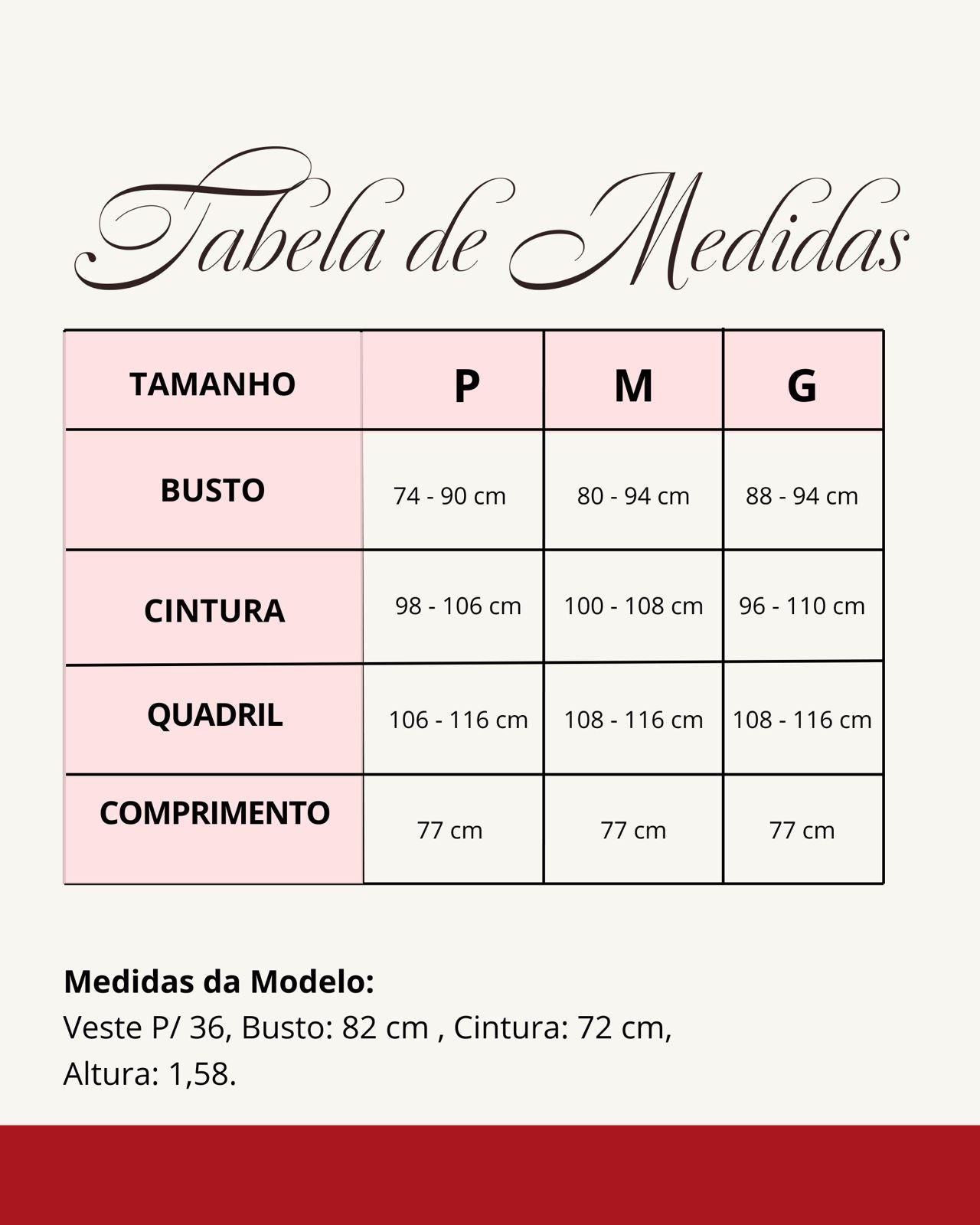 Tabela de medidas do produto