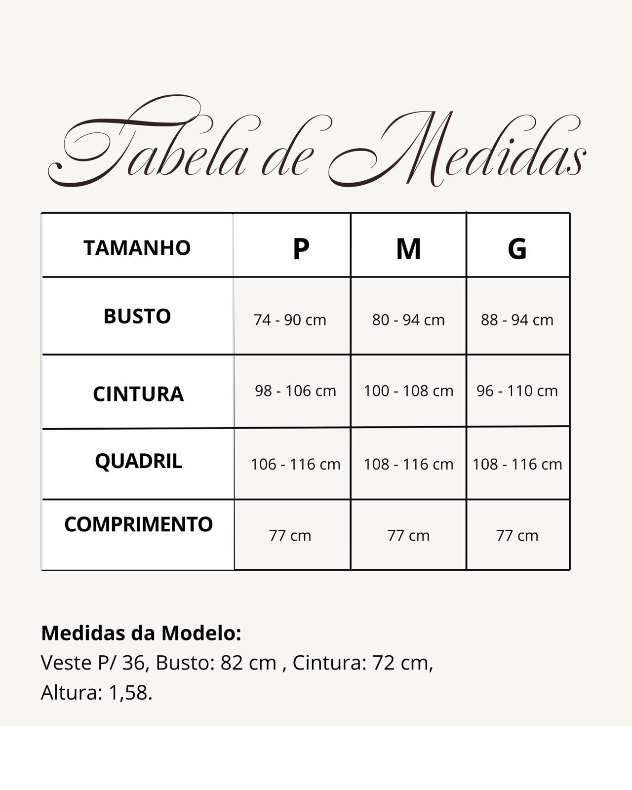Tabela de medidas do produto