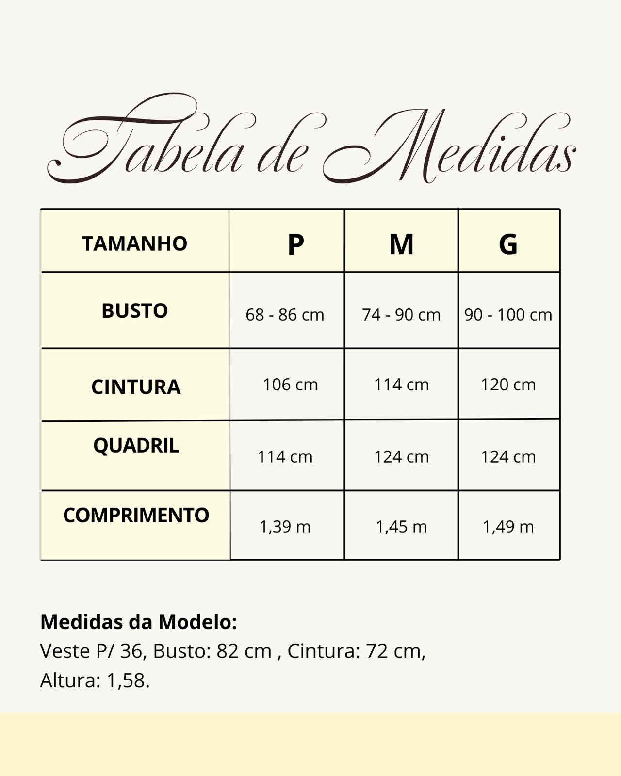 Tabela de medidas do produto