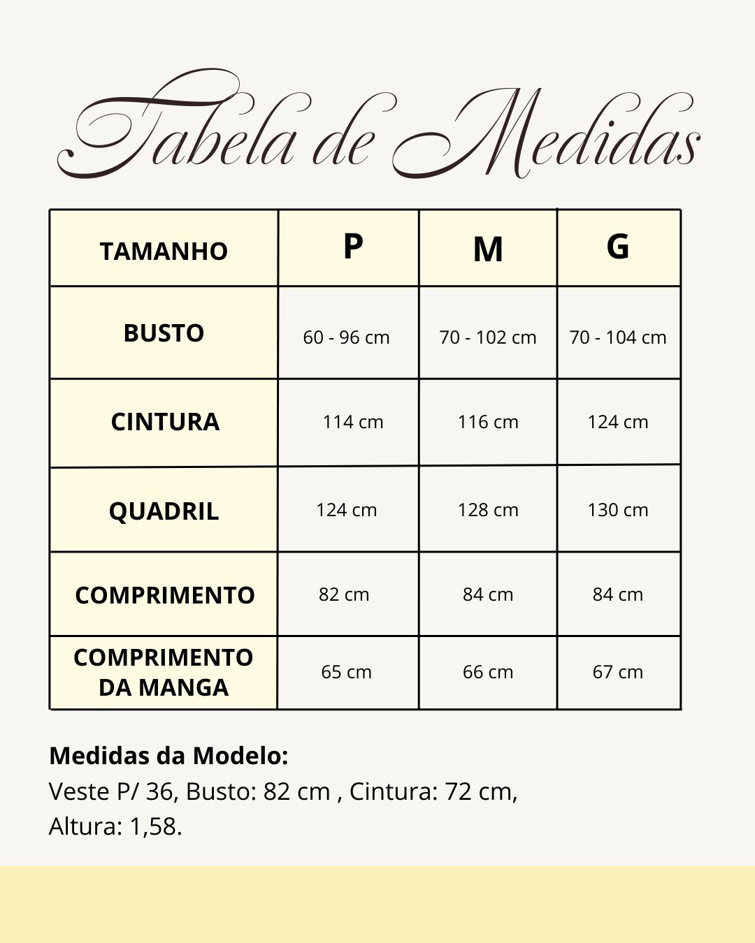 Tabela de medidas do produto