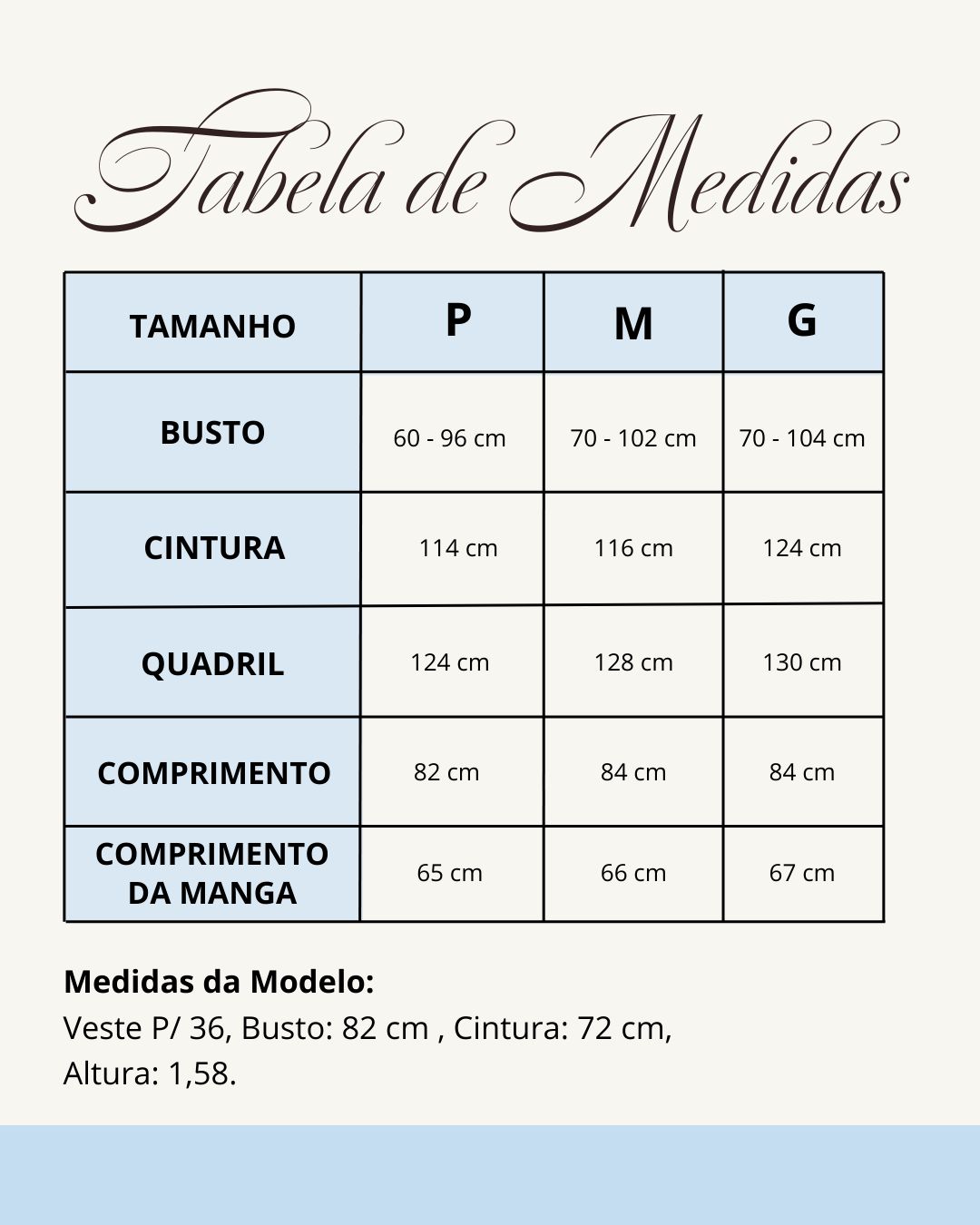 Tabela de medidas do produto