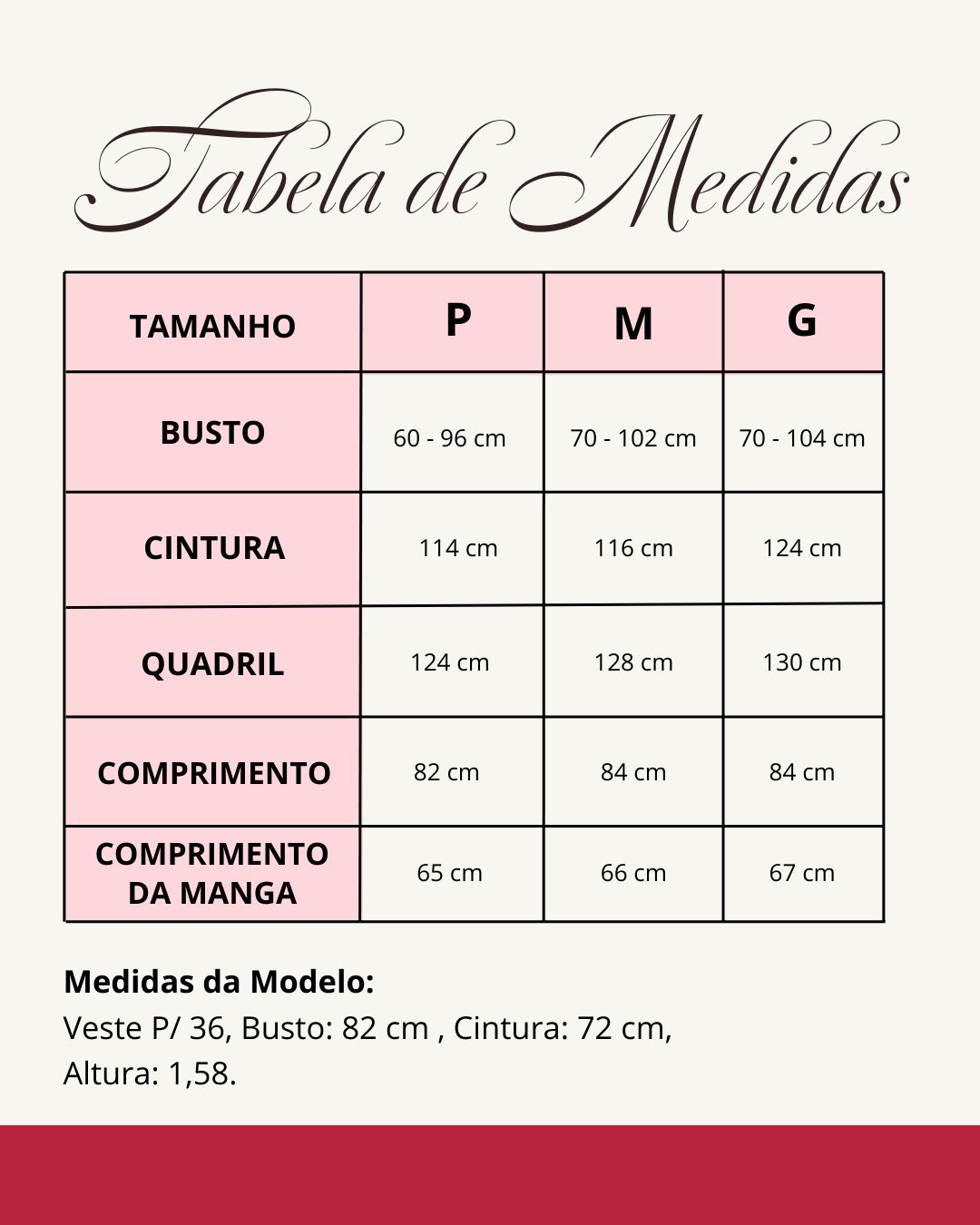 Tabela de medidas do produto
