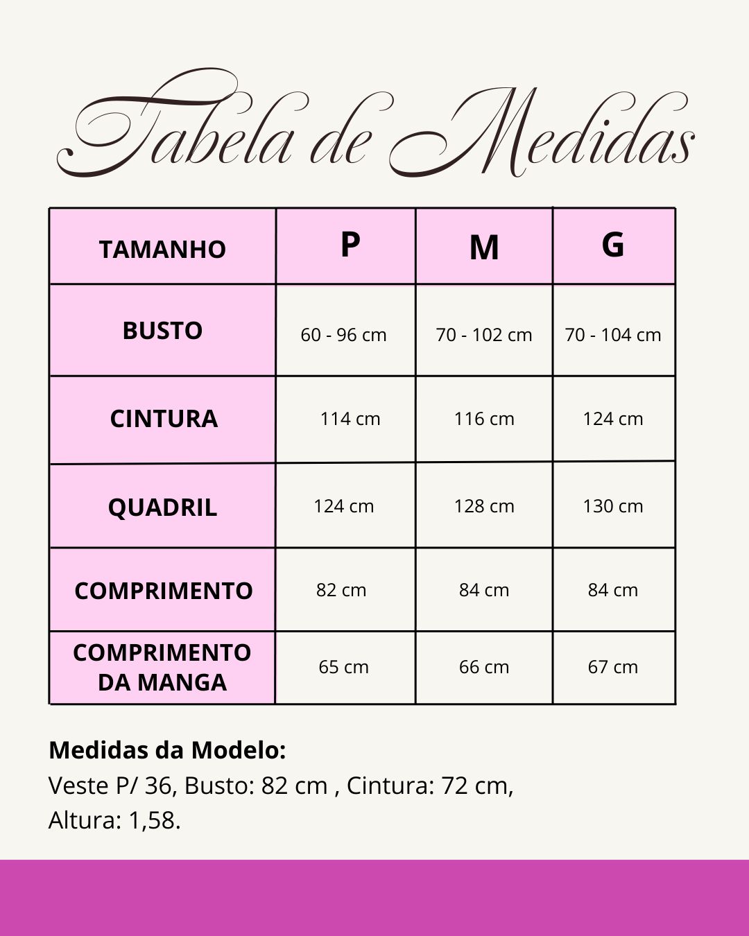 Tabela de medidas do produto