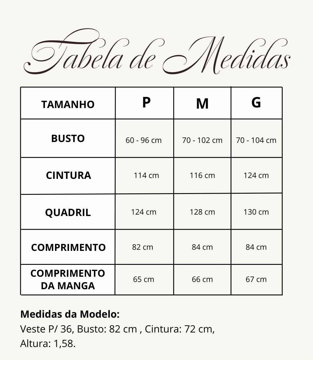 Tabela de medidas do produto