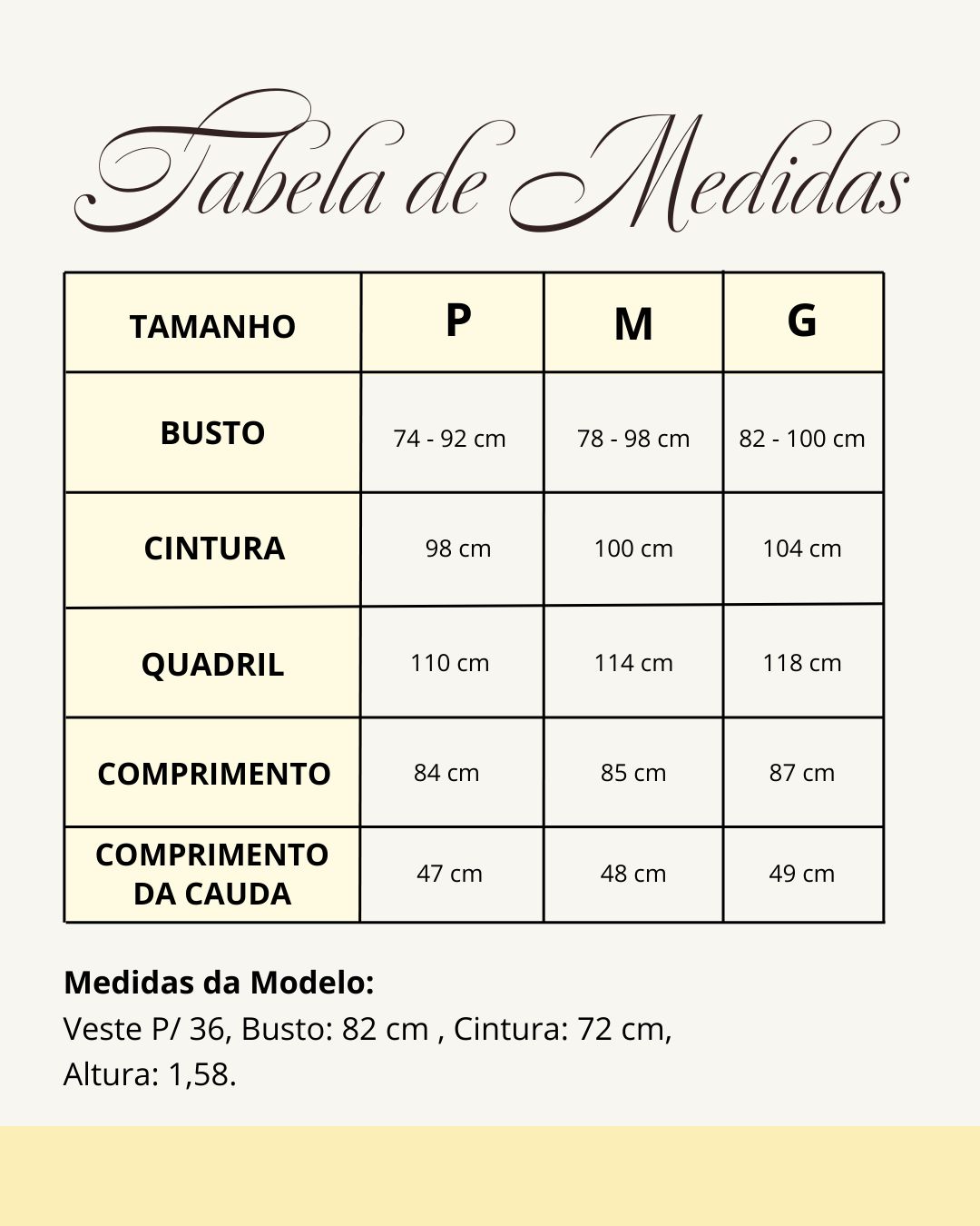 Tabela de medidas do produto