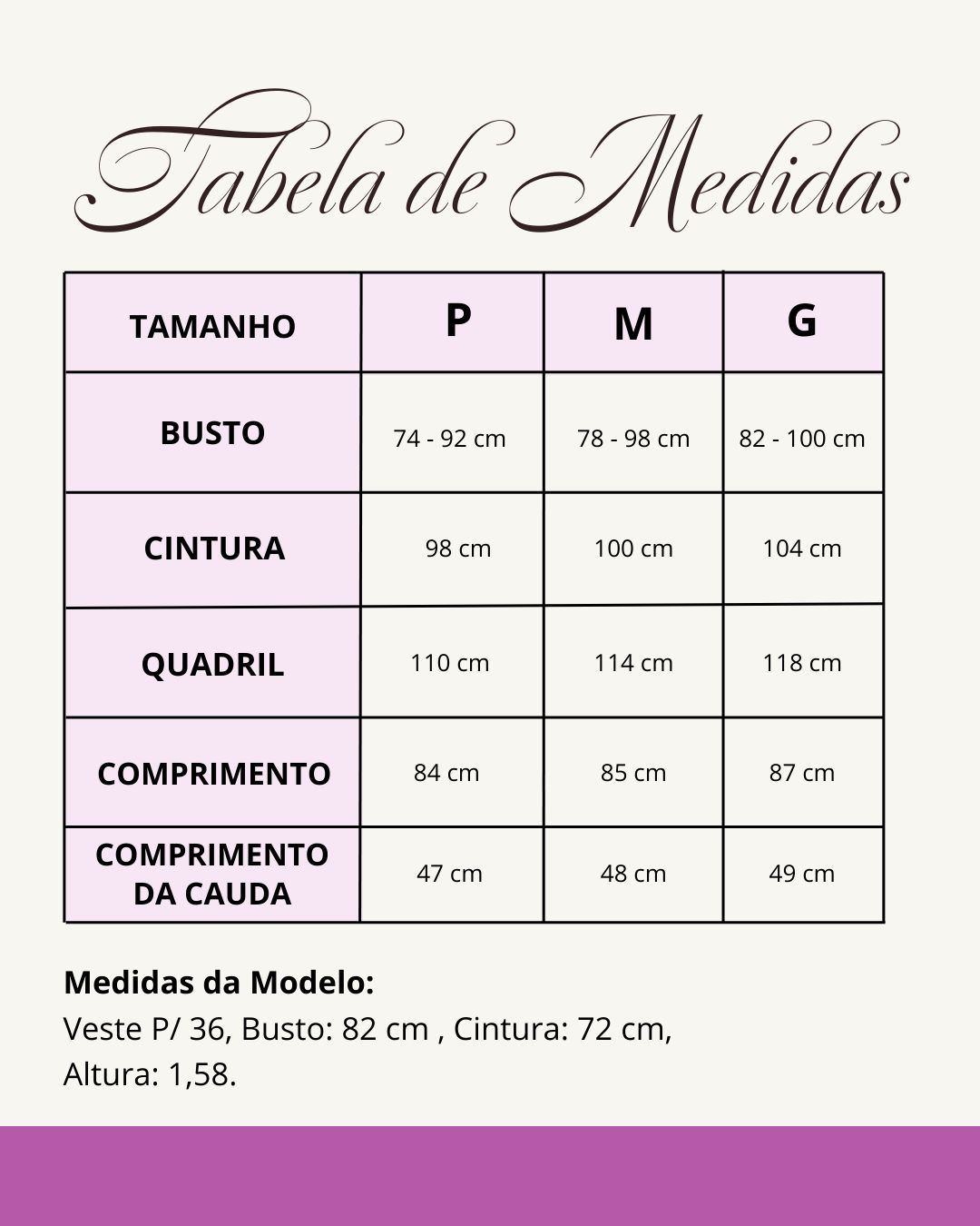 Tabela de medidas do produto
