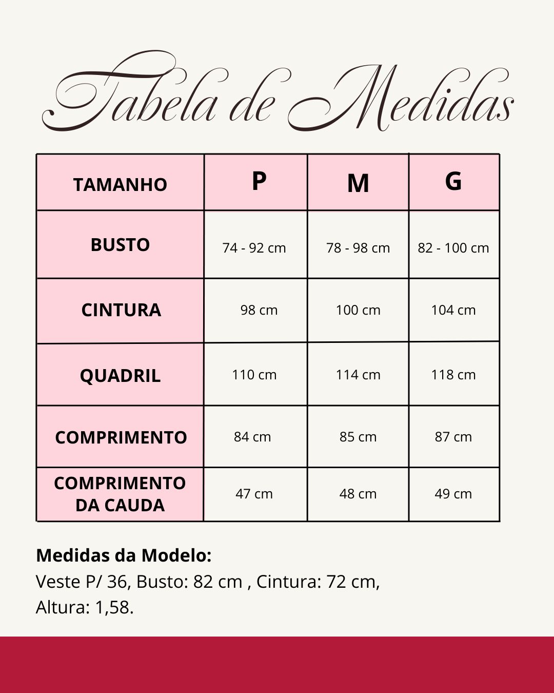 Tabela de medidas do produto