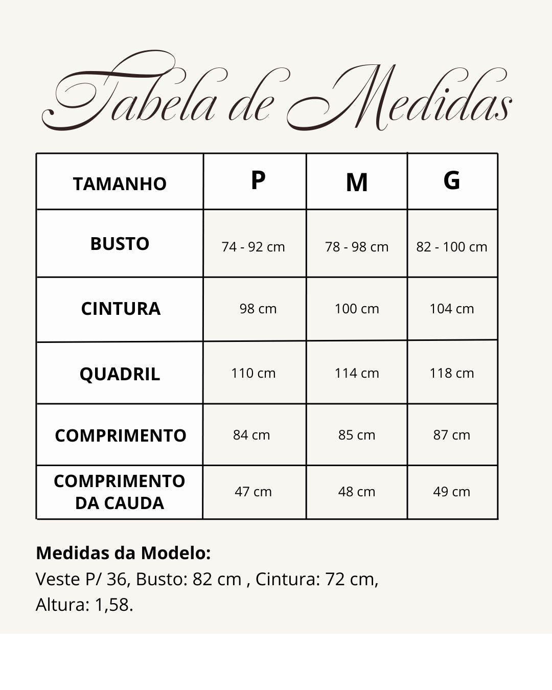 Tabela de medidas do produto