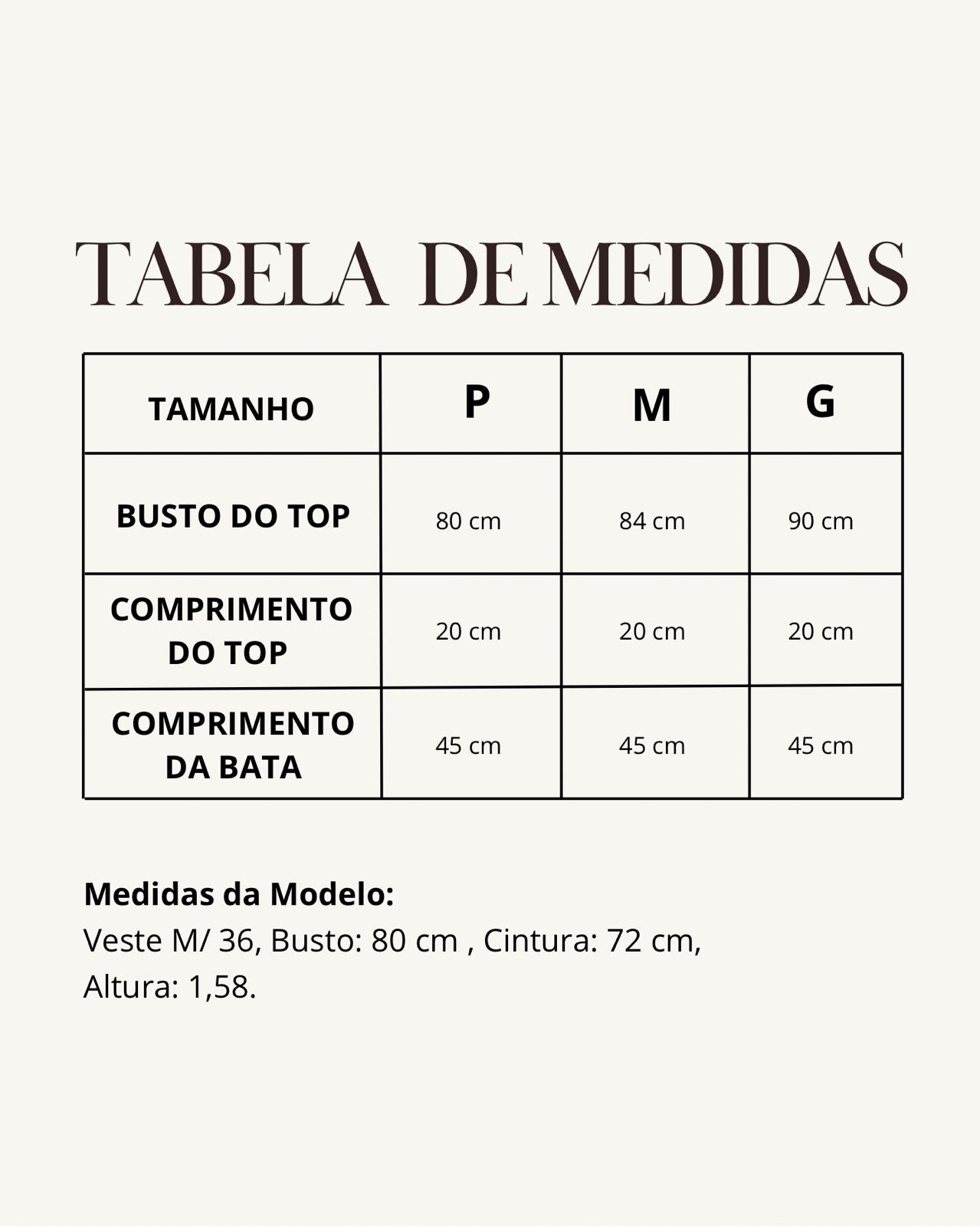 Tabela de medidas do produto